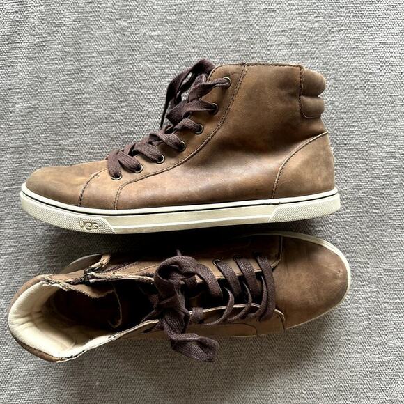 UGG Gradie Hi Top Trainer Sneakers Women 9.5 Brown Leather Lace Up - Picture 1 of 7